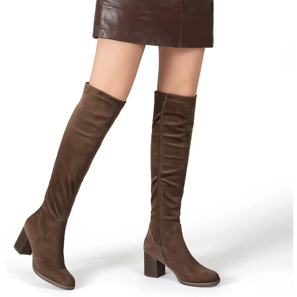 Women's Brown Thigh High Boots Stacked Block Heel Over The Knee Boots Rubber